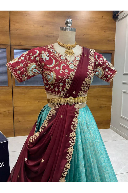 Beautiful South Indian Style Half Saree with Embroidery Blouse and Dupatta for Women |  Furina