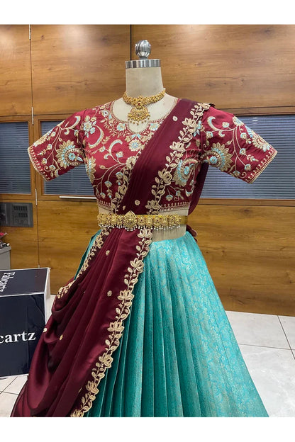 Beautiful South Indian Style Half Saree with Embroidery Blouse and Dupatta for Women |  Furina