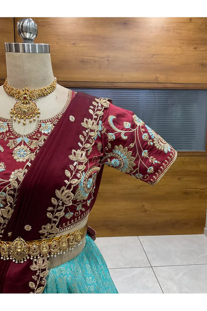 Beautiful South Indian Style Half Saree with Embroidery Blouse and Dupatta for Women |  Furina