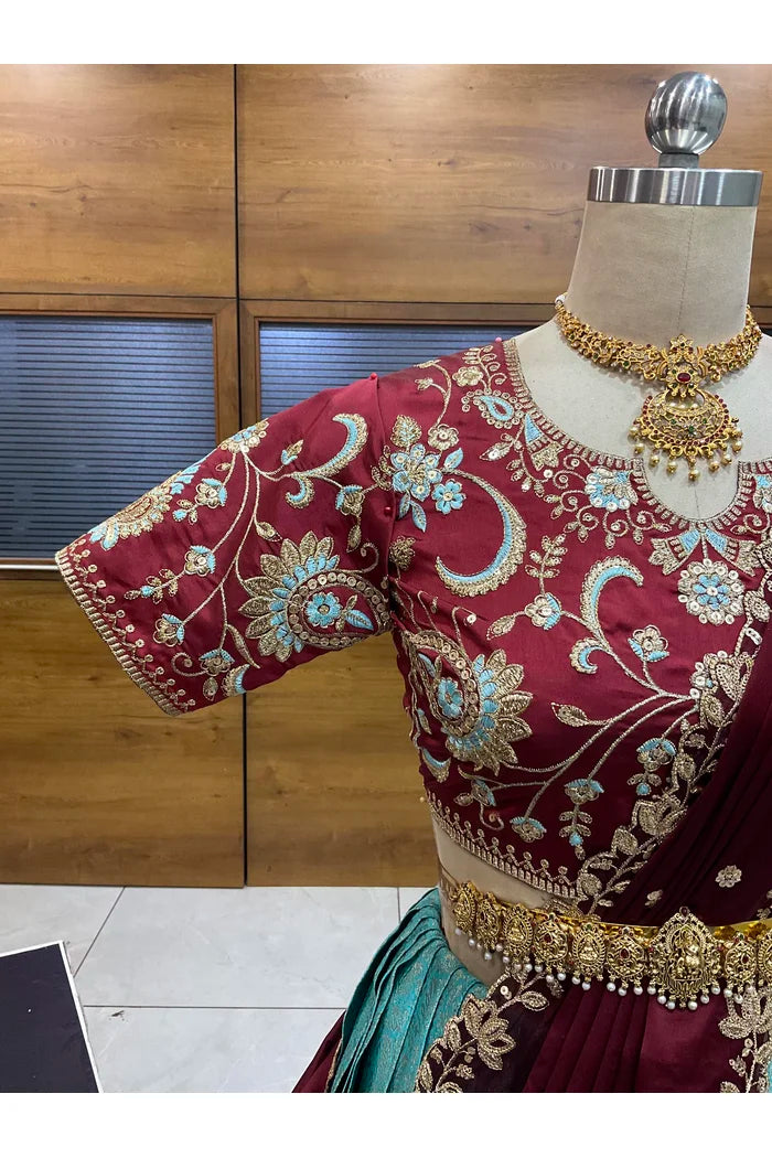 Beautiful South Indian Style Half Saree with Embroidery Blouse and Dupatta for Women |  Furina