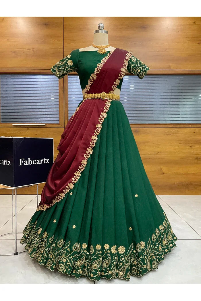 Beautiful South Indian Style Half Saree with Blouse and Dupatta for Women | Kusuma