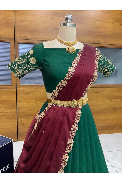 Beautiful South Indian Style Half Saree with Blouse and Dupatta for Women | Kusuma