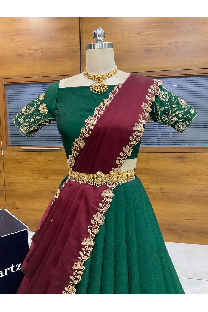 Beautiful South Indian Style Half Saree with Blouse and Dupatta for Women | Kusuma