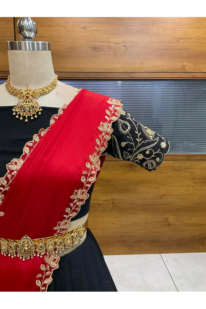 Beautiful South Indian Style Half Saree with Blouse and Dupatta for Women | Kusuma