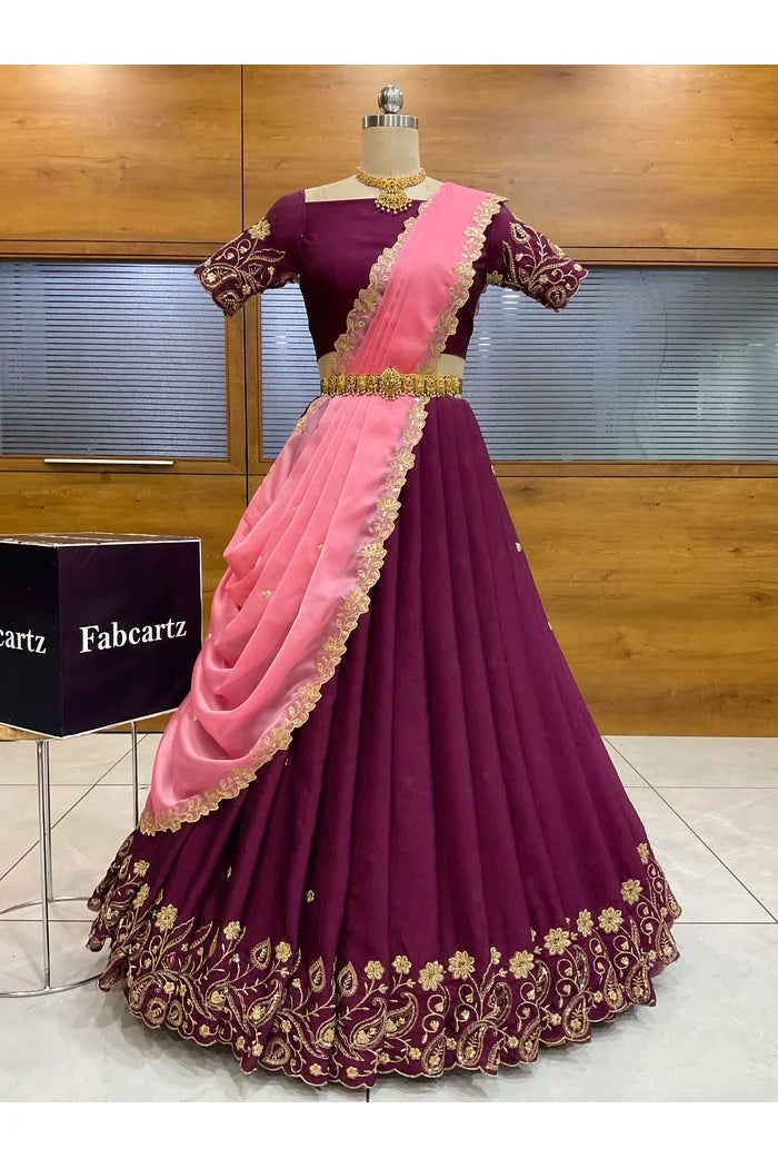 Beautiful South Indian Style Half Saree with Blouse and Dupatta for Women | Kusuma