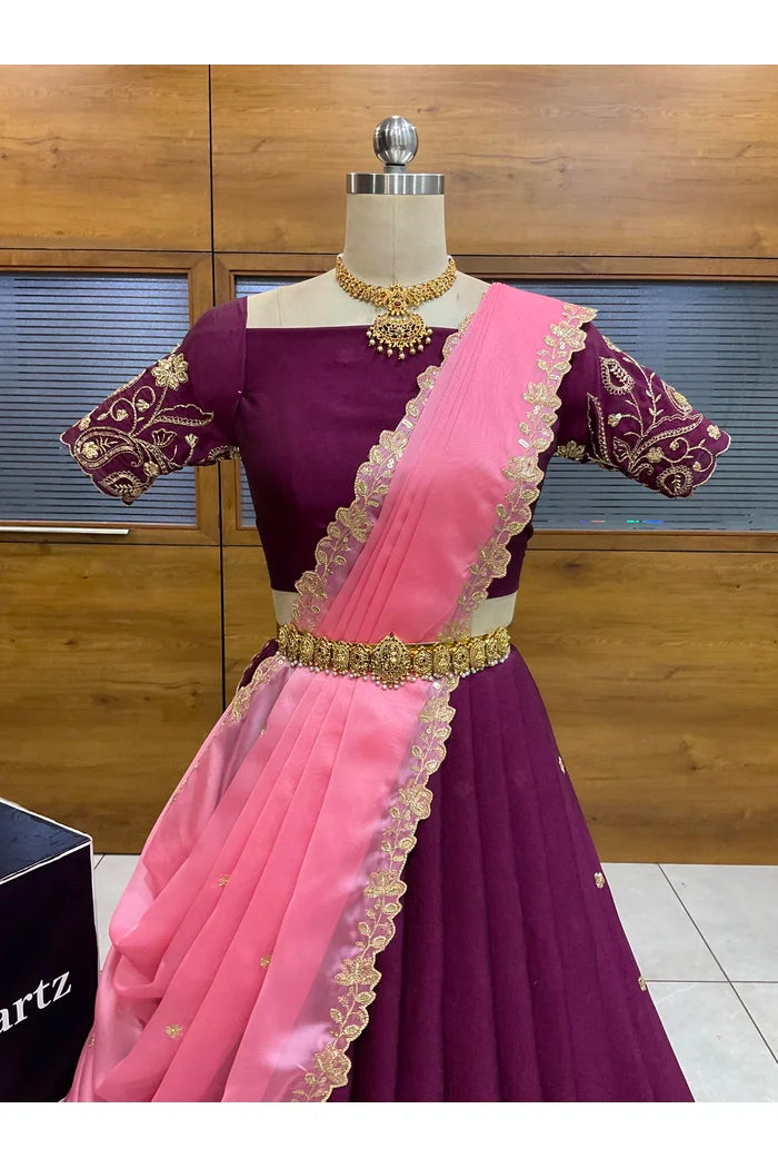 Beautiful South Indian Style Half Saree with Blouse and Dupatta for Women | Kusuma