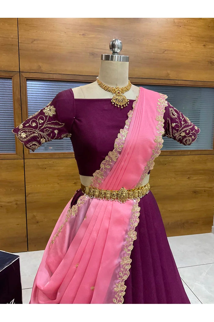 Beautiful South Indian Style Half Saree with Blouse and Dupatta for Women | Kusuma