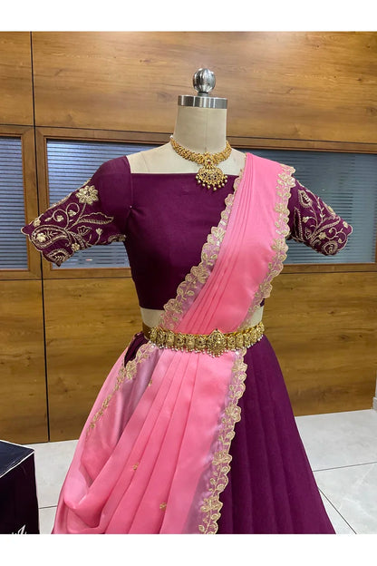 Beautiful South Indian Style Half Saree with Blouse and Dupatta for Women | Kusuma