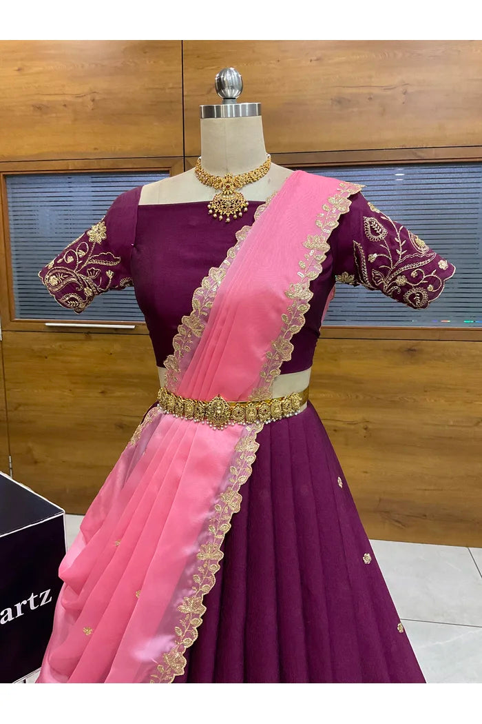 Beautiful South Indian Style Half Saree with Blouse and Dupatta for Women | Kusuma