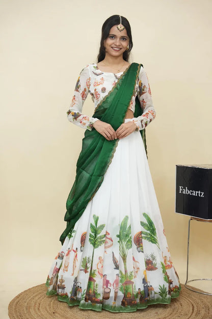 Beautiful South Indian Style Half Saree with Blouse and Dupatta for Women | Onika Kv