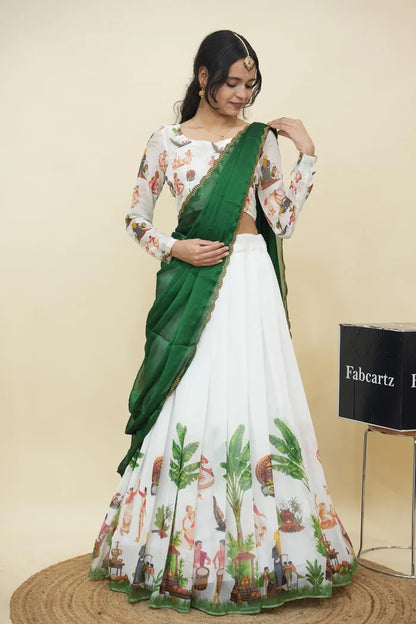 Beautiful South Indian Style Half Saree with Blouse and Dupatta for Women | Onika Kv
