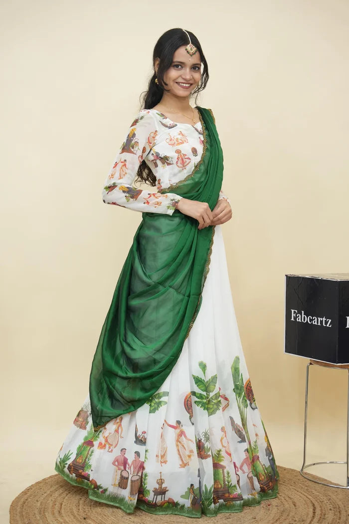 Beautiful South Indian Style Half Saree with Blouse and Dupatta for Women | Onika Kv