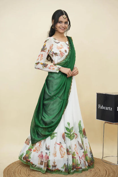 Beautiful South Indian Style Half Saree with Blouse and Dupatta for Women | Onika Kv