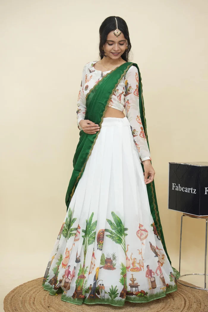 Beautiful South Indian Style Half Saree with Blouse and Dupatta for Women | Onika Kv