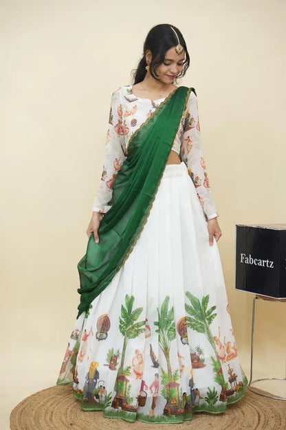Beautiful South Indian Style Half Saree with Blouse and Dupatta for Women | Onika Kv