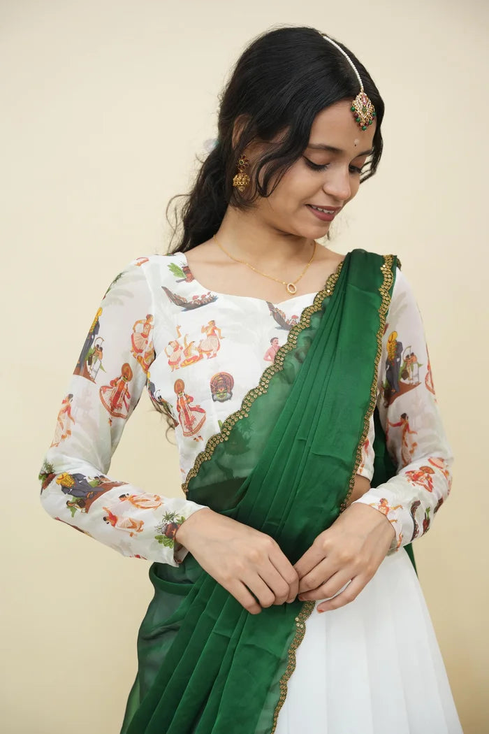Beautiful South Indian Style Half Saree with Blouse and Dupatta for Women | Onika Kv