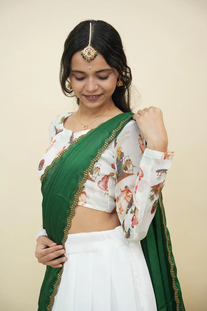Beautiful South Indian Style Half Saree with Blouse and Dupatta for Women | Onika Kv