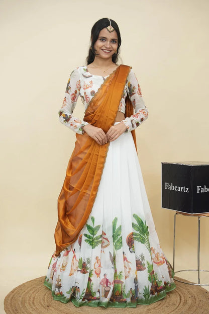 Beautiful South Indian Style Half Saree with Blouse and Dupatta for Women | Onika Kv