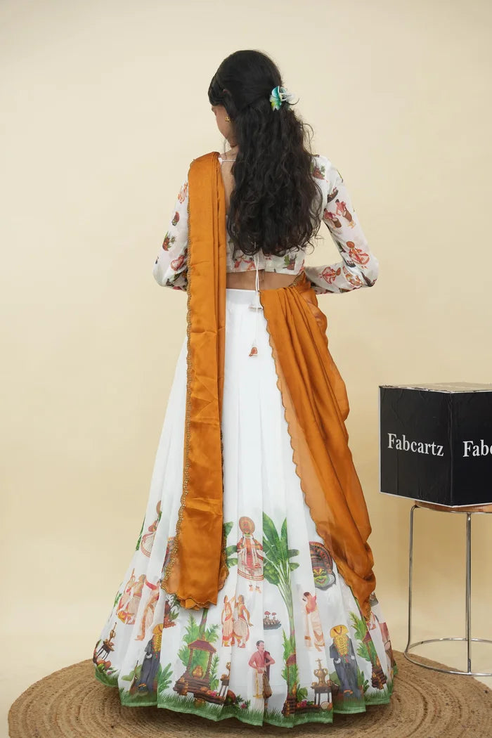 Beautiful South Indian Style Half Saree with Blouse and Dupatta for Women | Onika Kv