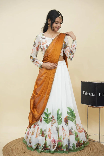 Beautiful South Indian Style Half Saree with Blouse and Dupatta for Women | Onika Kv