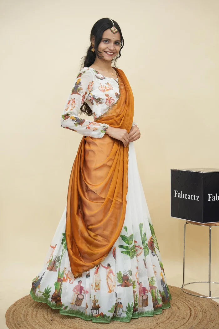 Beautiful South Indian Style Half Saree with Blouse and Dupatta for Women | Onika Kv