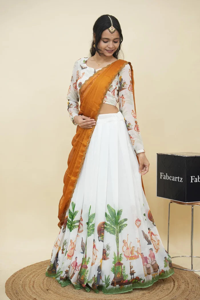 Beautiful South Indian Style Half Saree with Blouse and Dupatta for Women | Onika Kv