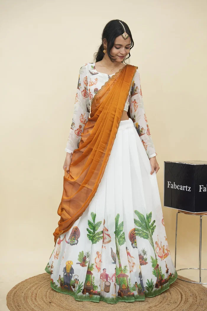 Beautiful South Indian Style Half Saree with Blouse and Dupatta for Women | Onika Kv