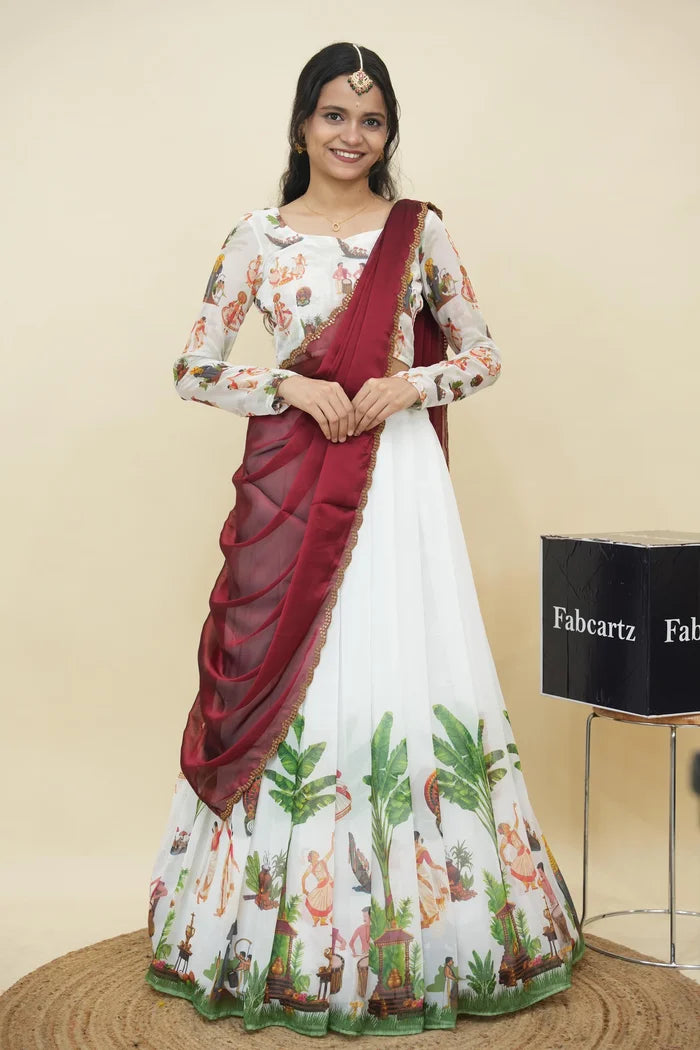 Beautiful South Indian Style Half Saree with Blouse and Dupatta for Women | Onika Kv