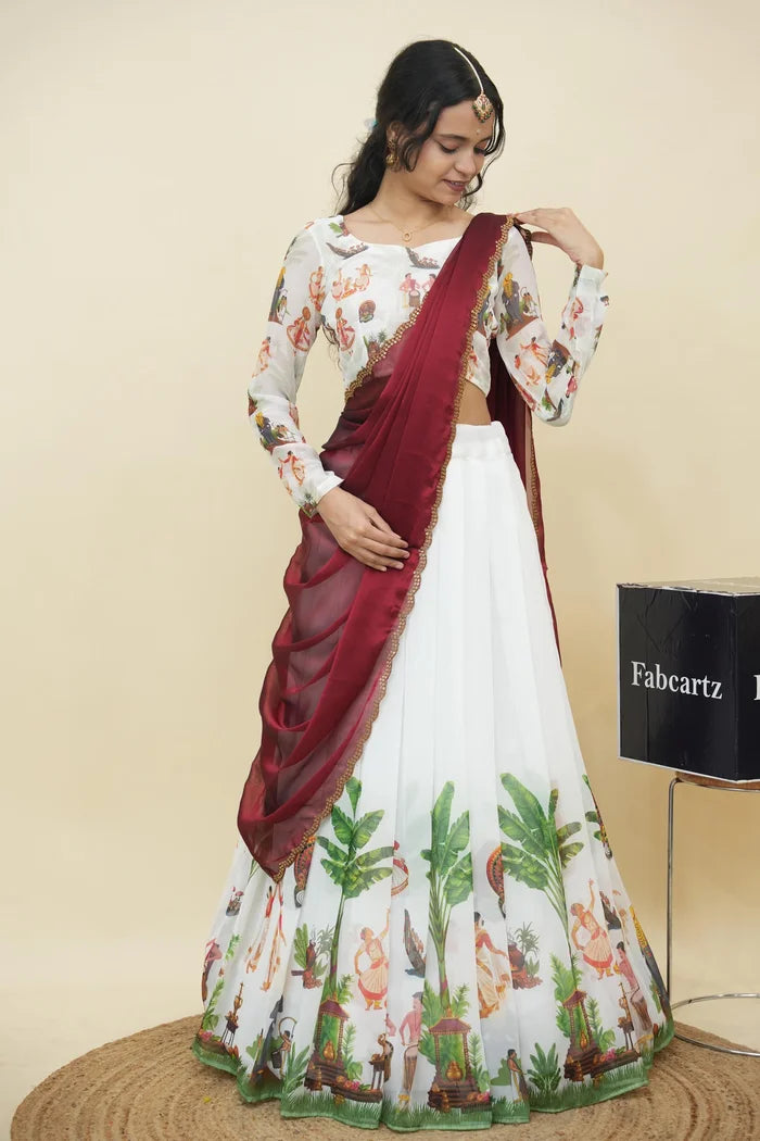 Beautiful South Indian Style Half Saree with Blouse and Dupatta for Women | Onika Kv