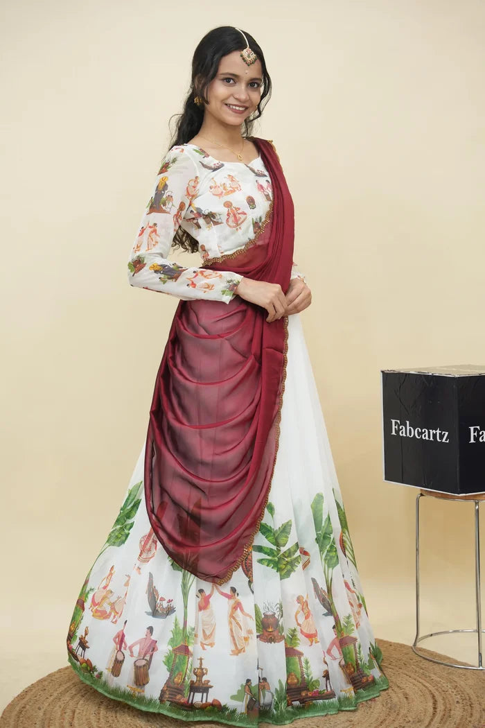 Beautiful South Indian Style Half Saree with Blouse and Dupatta for Women | Onika Kv