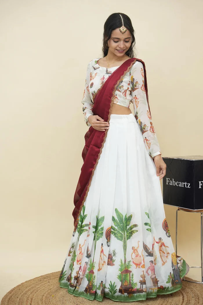 Beautiful South Indian Style Half Saree with Blouse and Dupatta for Women | Onika Kv