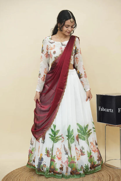 Beautiful South Indian Style Half Saree with Blouse and Dupatta for Women | Onika Kv