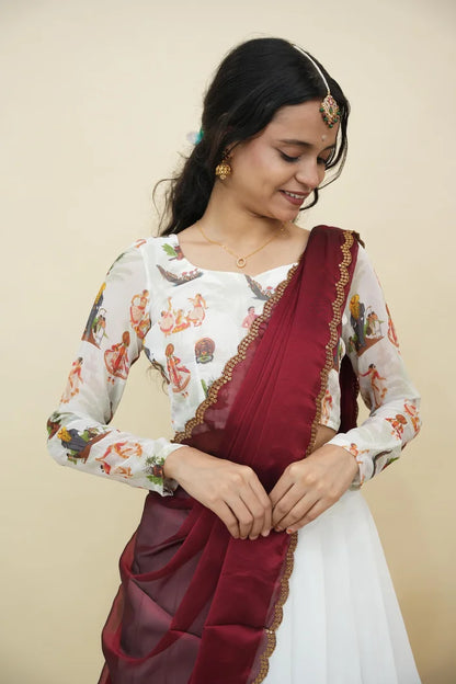 Beautiful South Indian Style Half Saree with Blouse and Dupatta for Women | Onika Kv