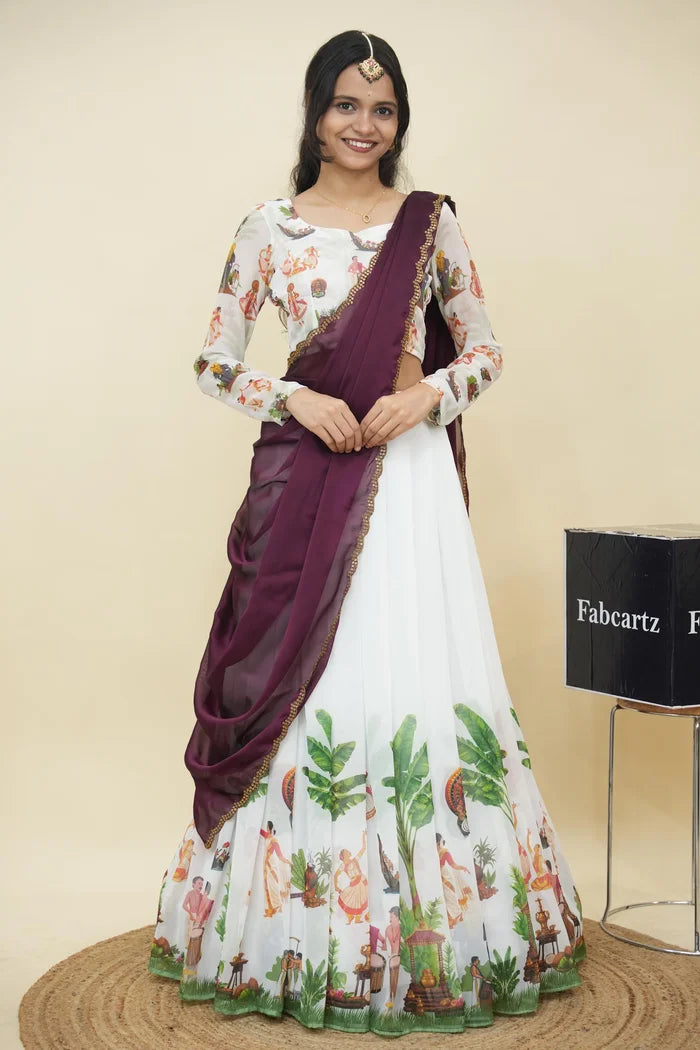 Beautiful South Indian Style Half Saree with Blouse and Dupatta for Women | Onika Kv