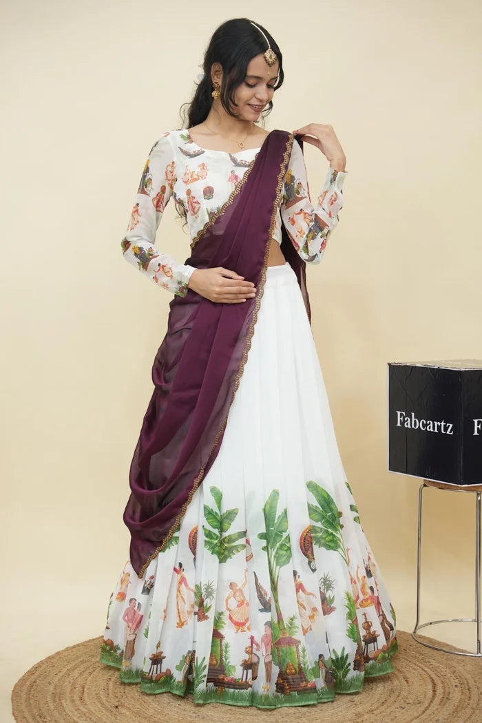 Beautiful South Indian Style Half Saree with Blouse and Dupatta for Women | Onika Kv