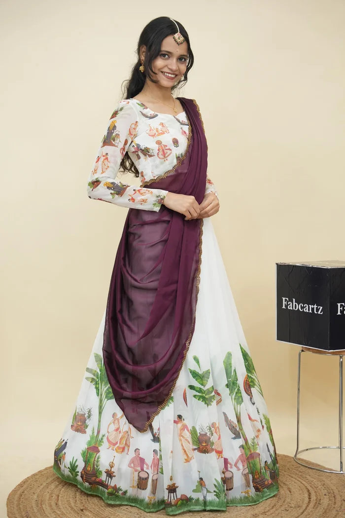 Beautiful South Indian Style Half Saree with Blouse and Dupatta for Women | Onika Kv