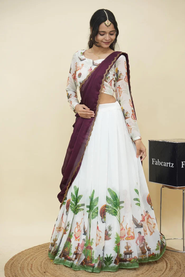 Beautiful South Indian Style Half Saree with Blouse and Dupatta for Women | Onika Kv