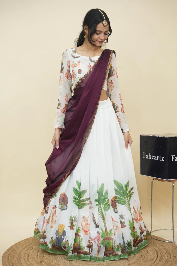 Beautiful South Indian Style Half Saree with Blouse and Dupatta for Women | Onika Kv