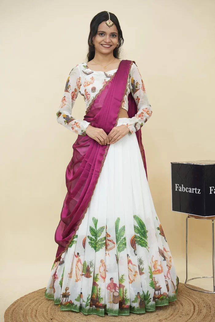 Beautiful South Indian Style Half Saree with Blouse and Dupatta for Women | Onika Kv
