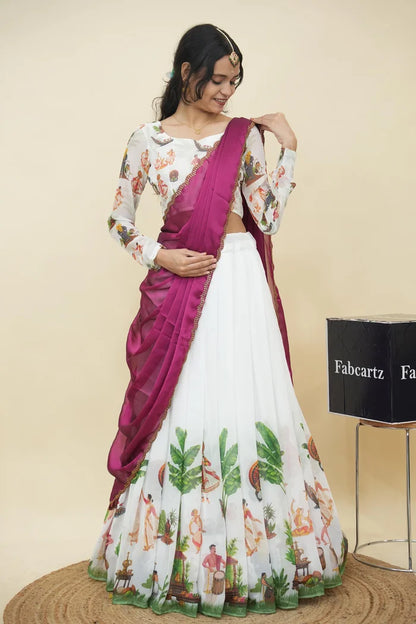 Beautiful South Indian Style Half Saree with Blouse and Dupatta for Women | Onika Kv