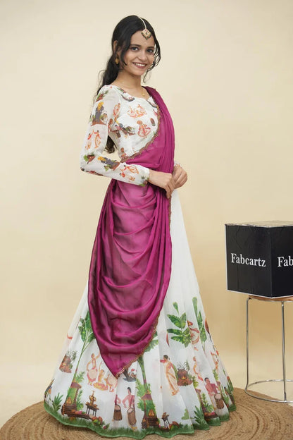 Beautiful South Indian Style Half Saree with Blouse and Dupatta for Women | Onika Kv