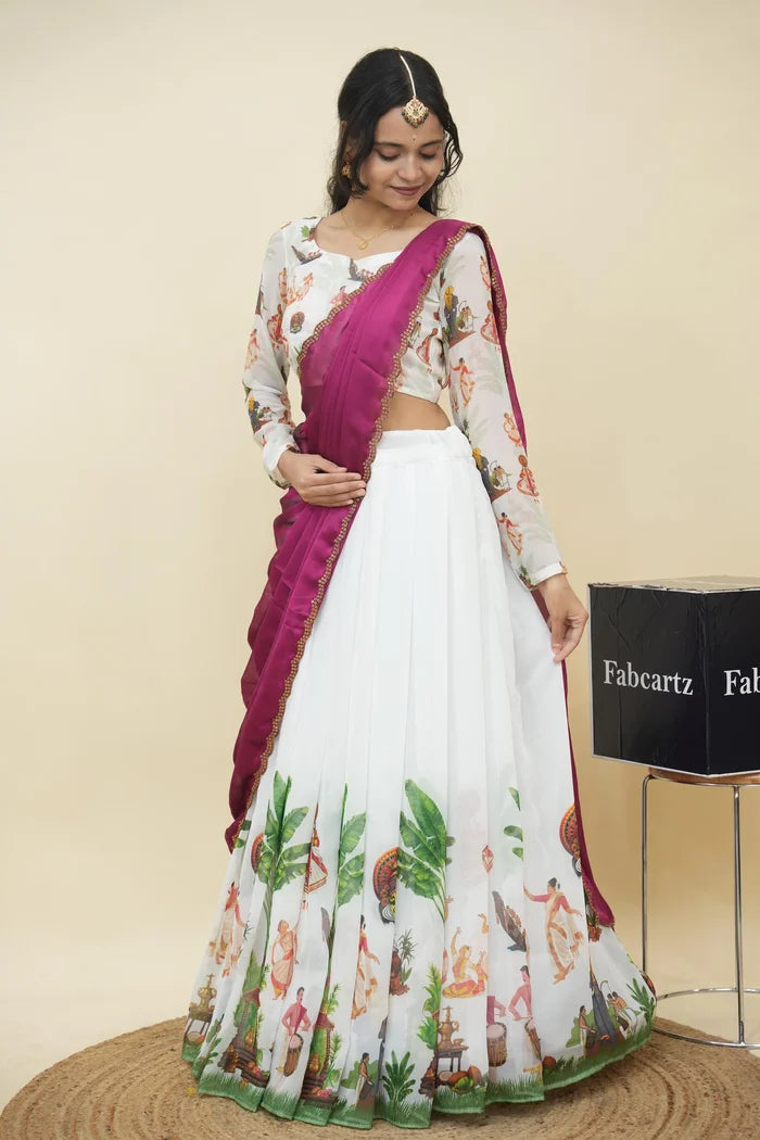 Beautiful South Indian Style Half Saree with Blouse and Dupatta for Women | Onika Kv