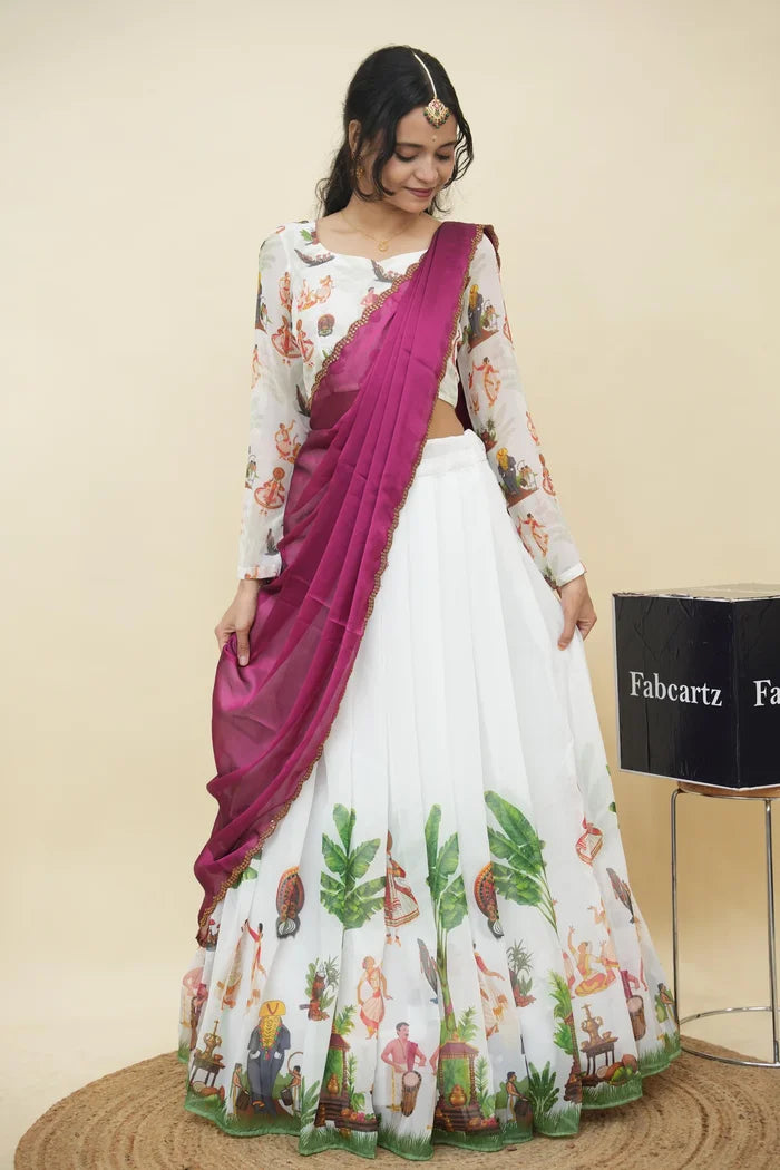 Beautiful South Indian Style Half Saree with Blouse and Dupatta for Women | Onika Kv