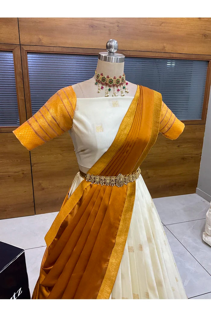Beautiful South Indian Style Half Saree with Blouse and Dupatta for Women | Stylista