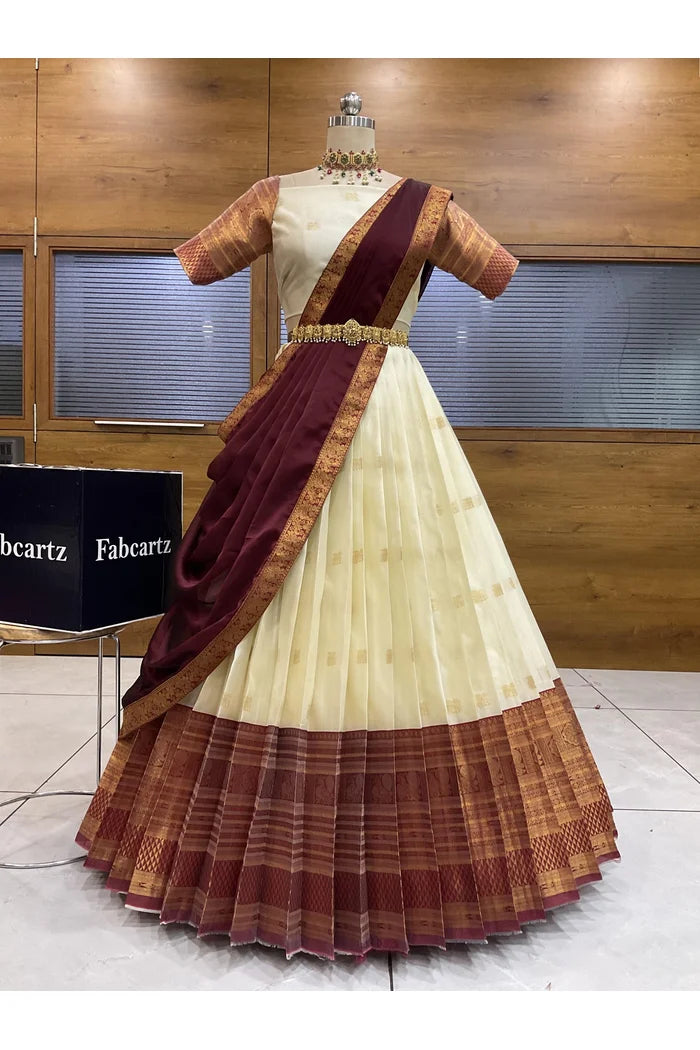 Beautiful South Indian Style Half Saree with Blouse and Dupatta for Women | Stylista
