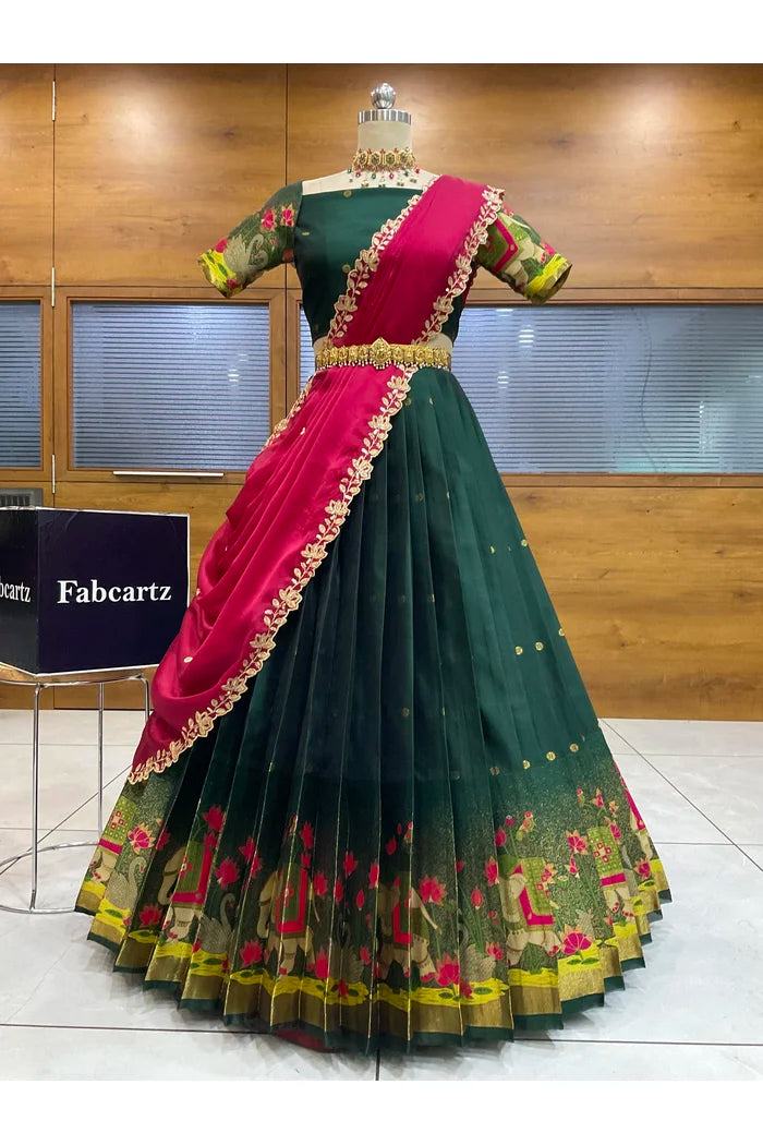 Beautiful South Indian Style Half Saree with Blouse and Dupatta for Women | Ruhana
