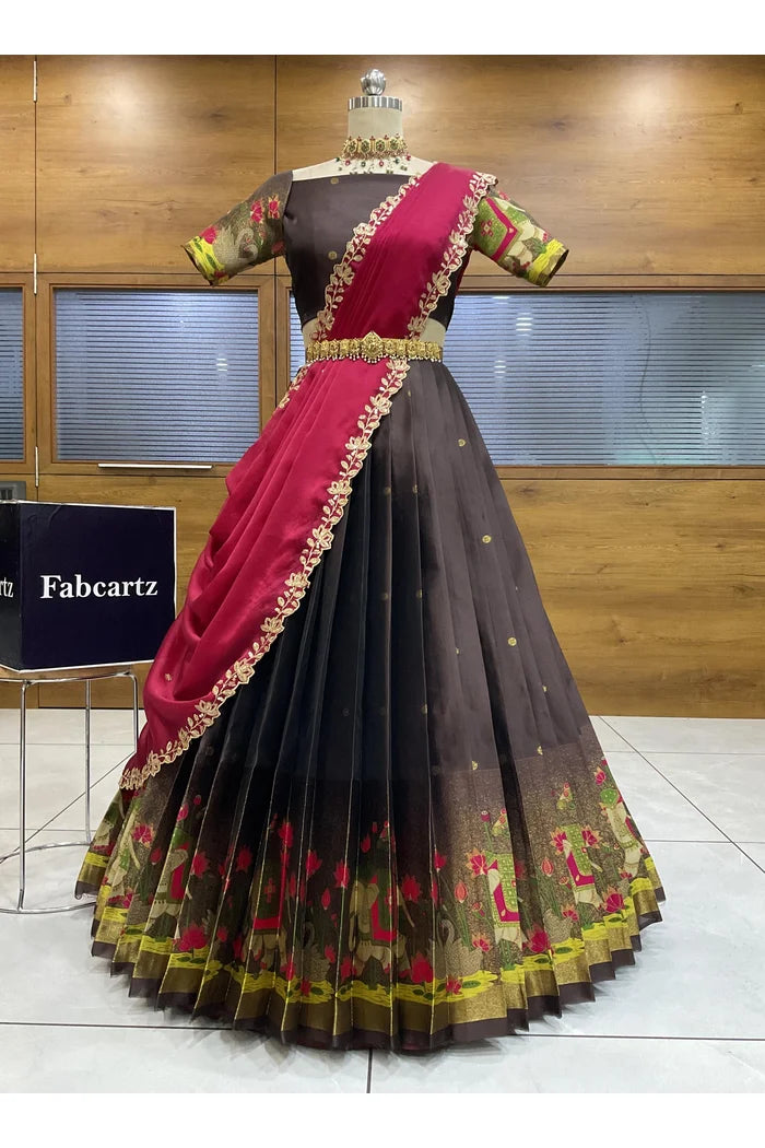 Beautiful South Indian Style Half Saree with Blouse and Dupatta for Women | Ruhana