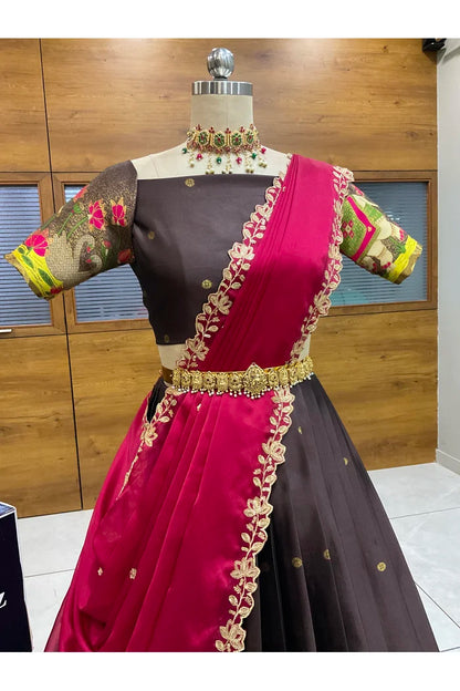 Beautiful South Indian Style Half Saree with Blouse and Dupatta for Women | Ruhana
