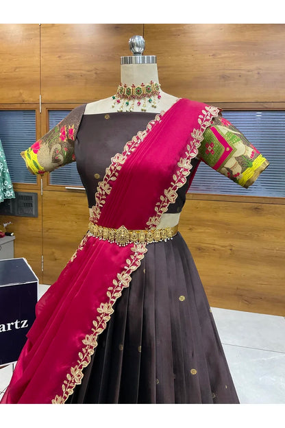 Beautiful South Indian Style Half Saree with Blouse and Dupatta for Women | Ruhana
