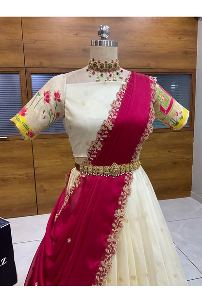 Beautiful South Indian Style Half Saree with Blouse and Dupatta for Women | Ruhana